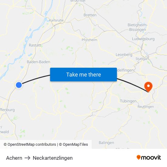 Achern to Neckartenzlingen map