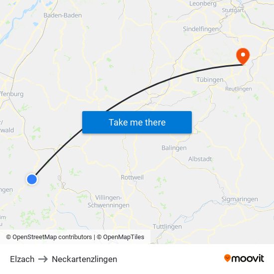 Elzach to Neckartenzlingen map