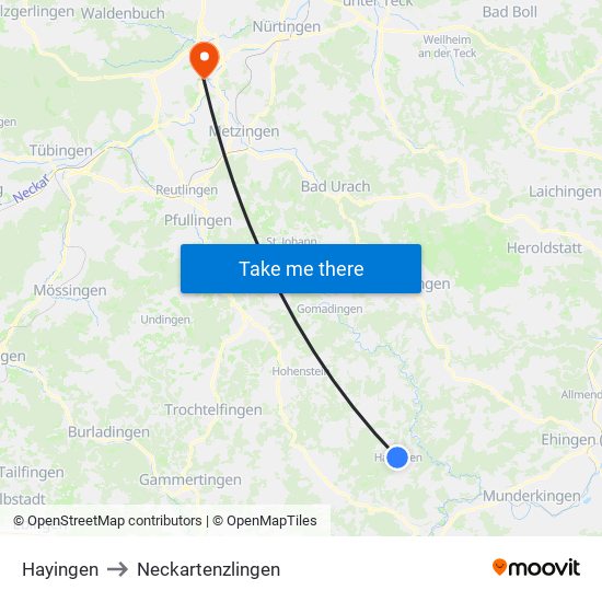 Hayingen to Neckartenzlingen map