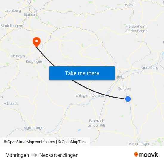 Vöhringen to Neckartenzlingen map