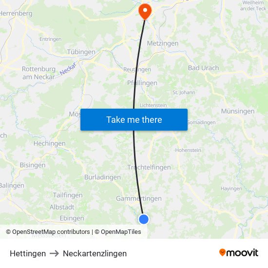 Hettingen to Neckartenzlingen map
