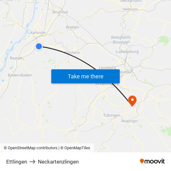 Ettlingen to Neckartenzlingen map