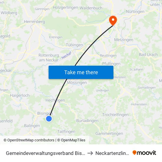 Gemeindeverwaltungsverband Bisingen to Neckartenzlingen map