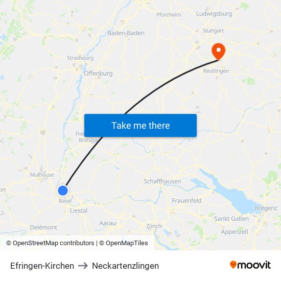 Efringen-Kirchen to Neckartenzlingen map