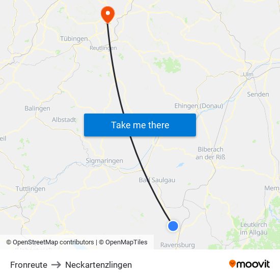 Fronreute to Neckartenzlingen map