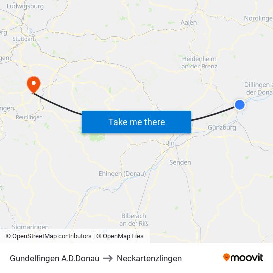 Gundelfingen A.D.Donau to Neckartenzlingen map