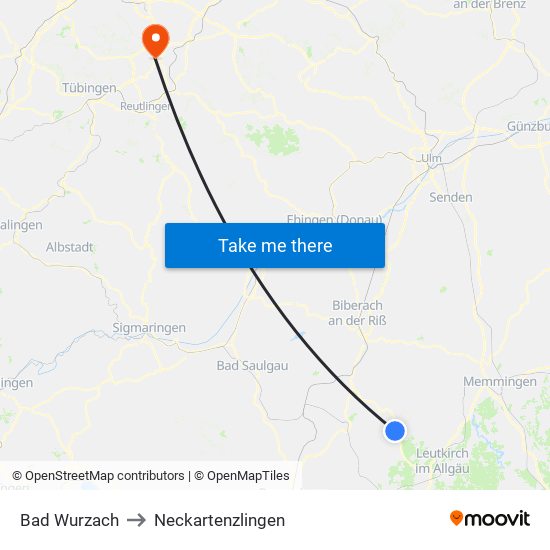 Bad Wurzach to Neckartenzlingen map