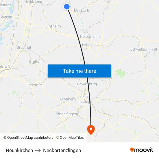 Neunkirchen to Neckartenzlingen map