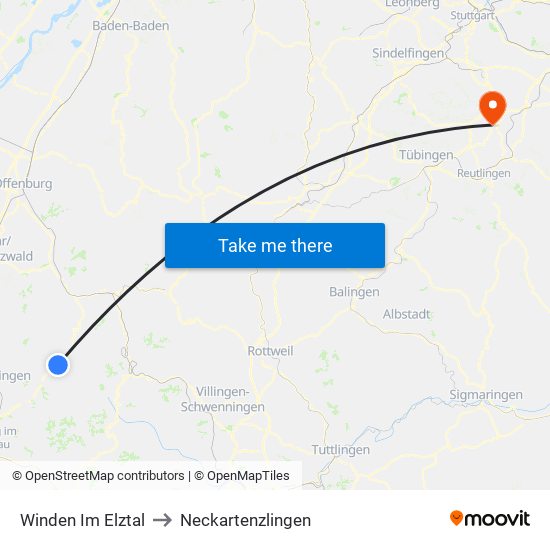 Winden Im Elztal to Neckartenzlingen map