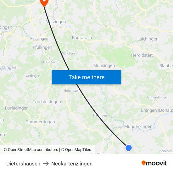 Dietershausen to Neckartenzlingen map