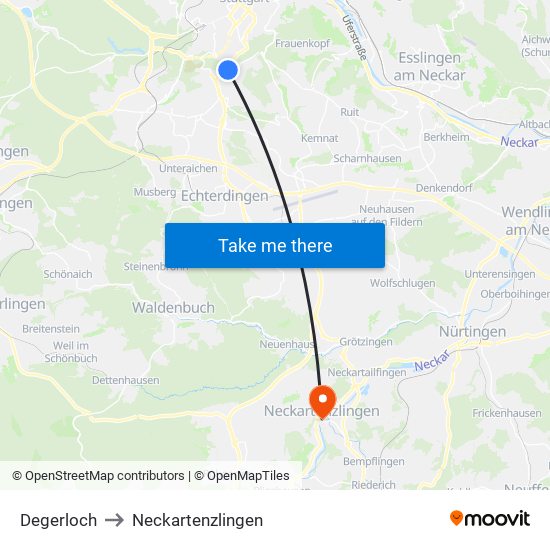 Degerloch to Neckartenzlingen map