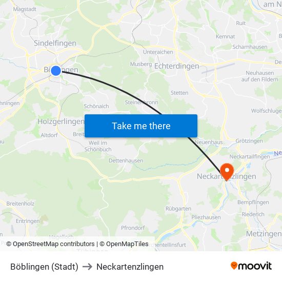 Böblingen (Stadt) to Neckartenzlingen map