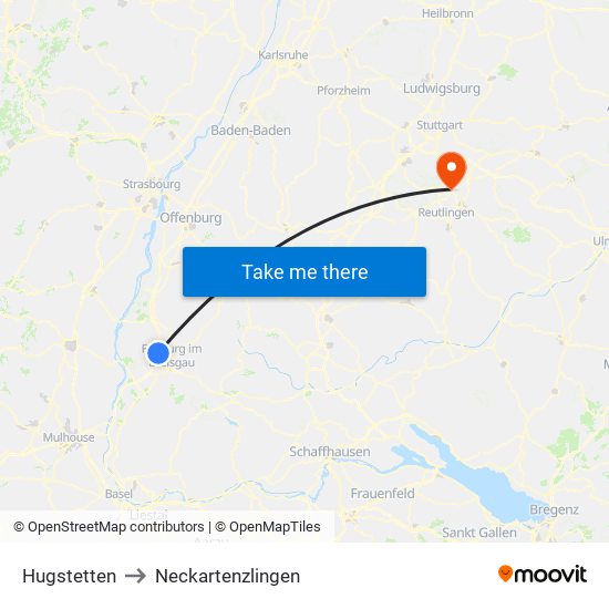 Hugstetten to Neckartenzlingen map