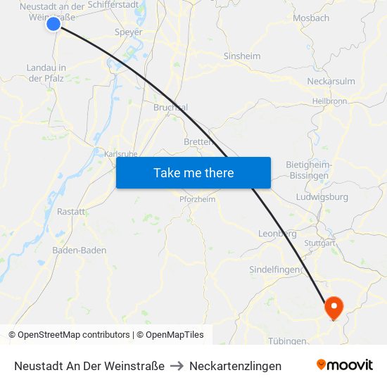 Neustadt An Der Weinstraße to Neckartenzlingen map