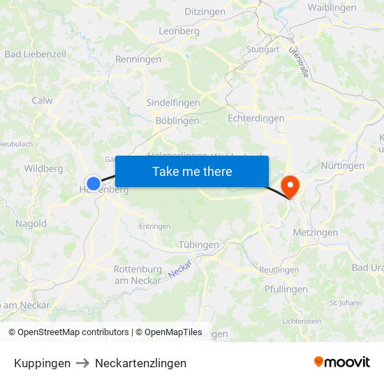 Kuppingen to Neckartenzlingen map