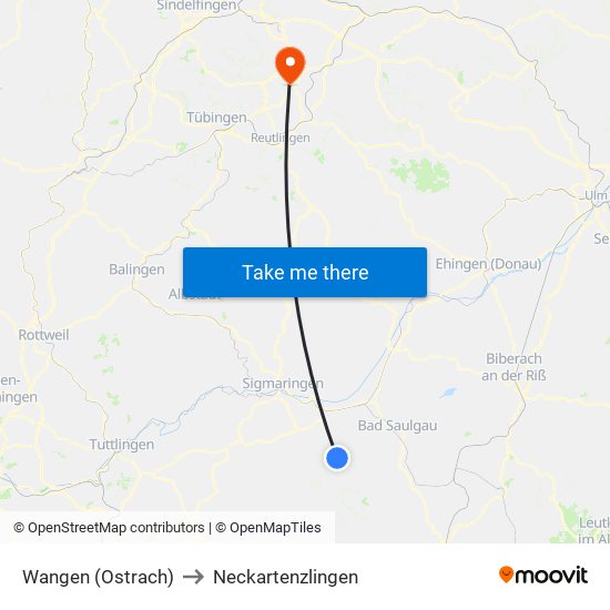 Wangen (Ostrach) to Neckartenzlingen map