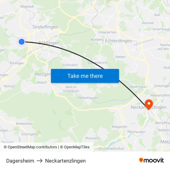 Dagersheim to Neckartenzlingen map