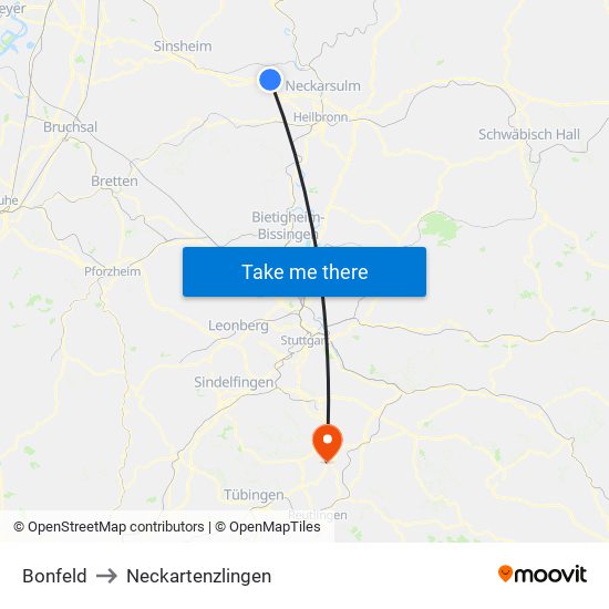 Bonfeld to Neckartenzlingen map