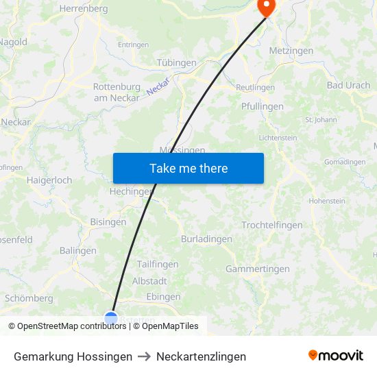 Gemarkung Hossingen to Neckartenzlingen map