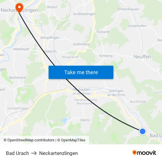 Bad Urach to Neckartenzlingen map