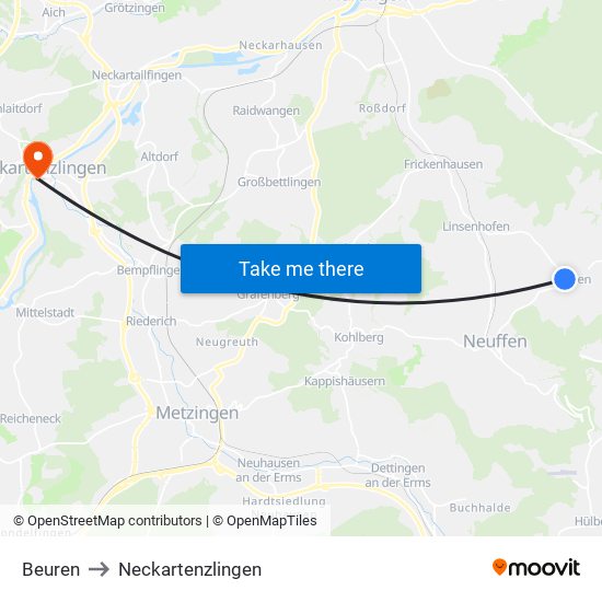 Beuren to Neckartenzlingen map