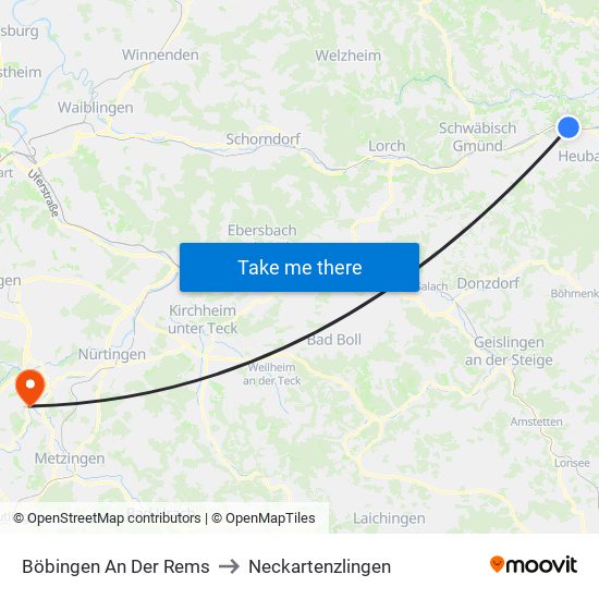 Böbingen An Der Rems to Neckartenzlingen map