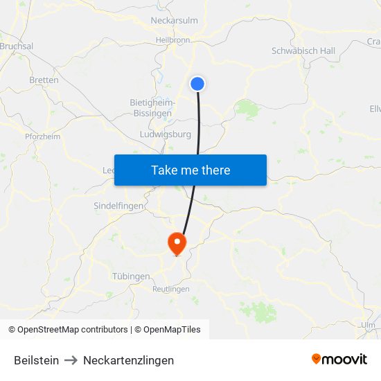 Beilstein to Neckartenzlingen map