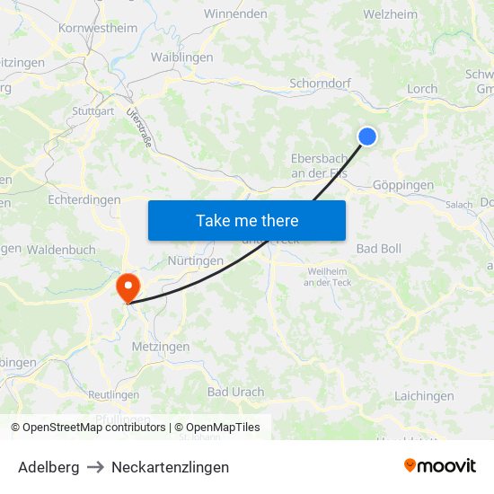 Adelberg to Neckartenzlingen map