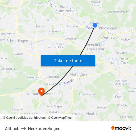 Altbach to Neckartenzlingen map