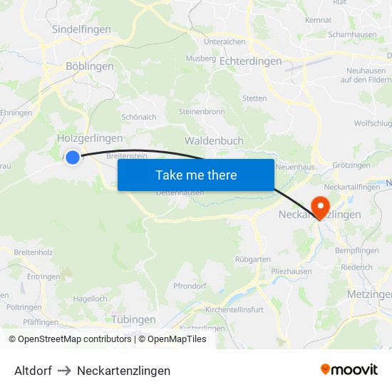 Altdorf to Neckartenzlingen map