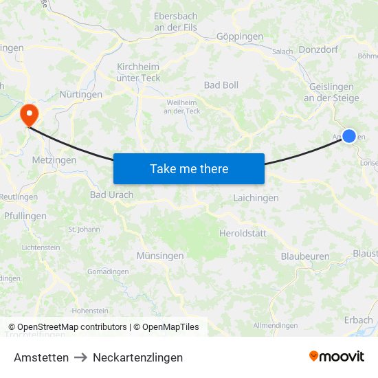 Amstetten to Neckartenzlingen map