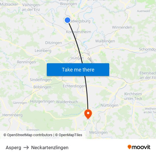 Asperg to Neckartenzlingen map