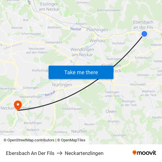 Ebersbach An Der Fils to Neckartenzlingen map