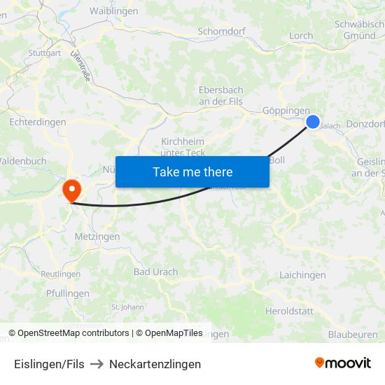 Eislingen/Fils to Neckartenzlingen map