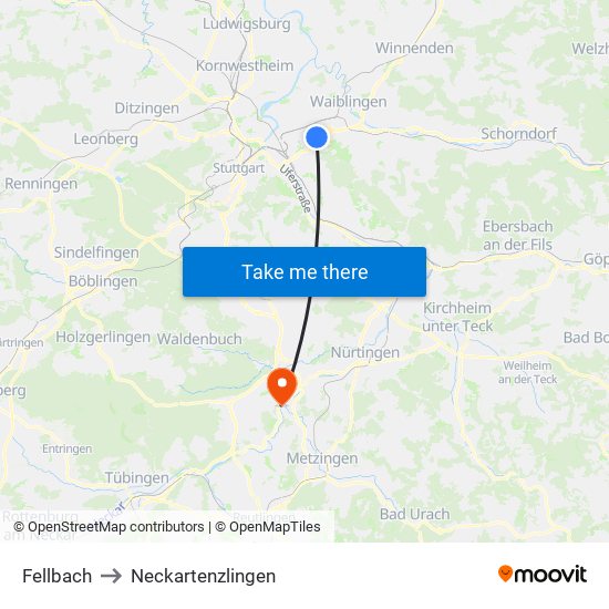 Fellbach to Neckartenzlingen map