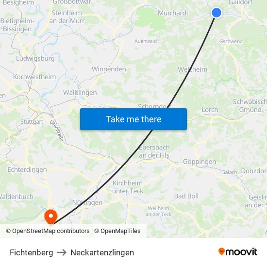 Fichtenberg to Neckartenzlingen map