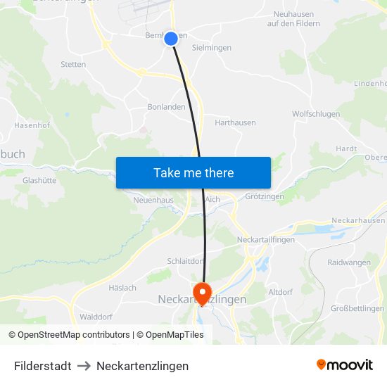 Filderstadt to Neckartenzlingen map