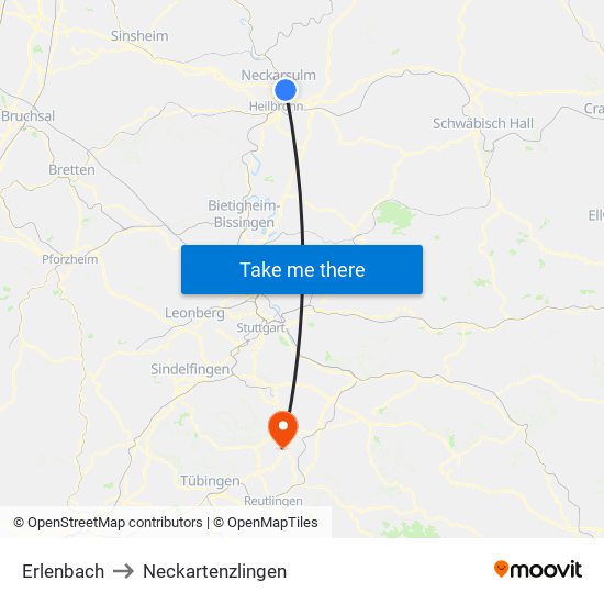 Erlenbach to Neckartenzlingen map