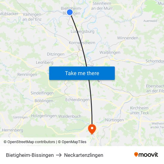 Bietigheim-Bissingen to Neckartenzlingen map