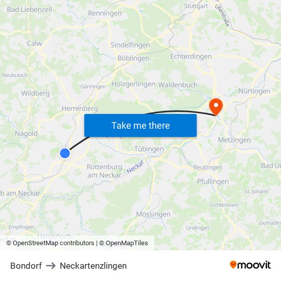 Bondorf to Neckartenzlingen map