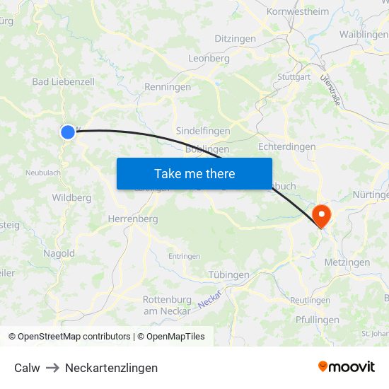 Calw to Neckartenzlingen map