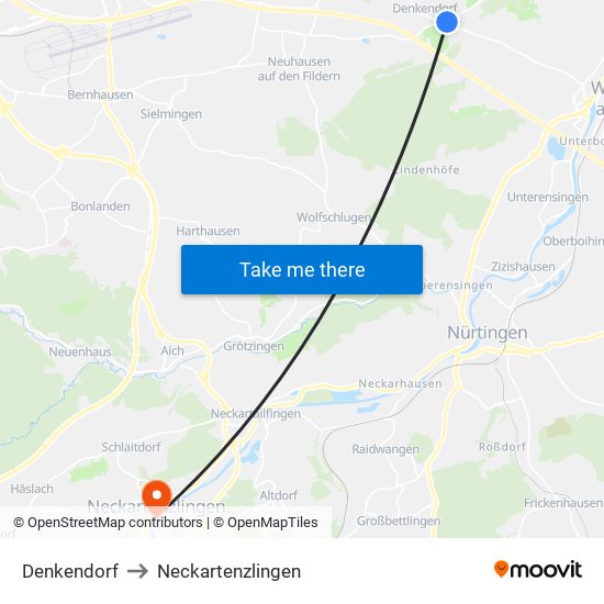 Denkendorf to Neckartenzlingen map