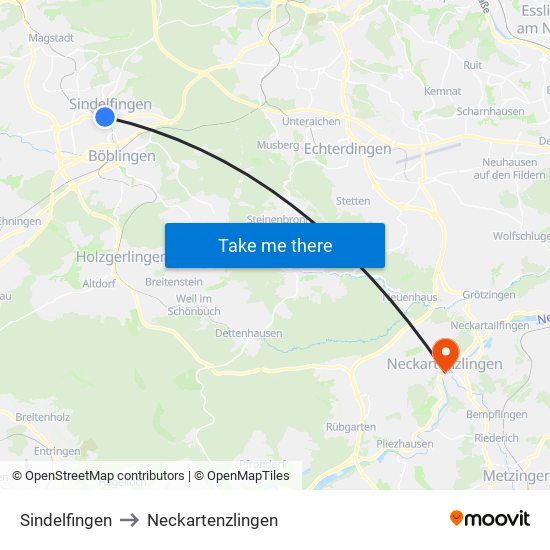 Sindelfingen to Neckartenzlingen map