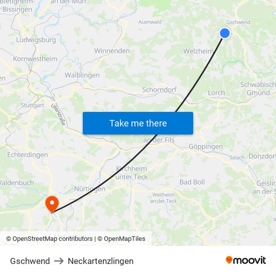 Gschwend to Neckartenzlingen map