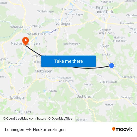 Lenningen to Neckartenzlingen map