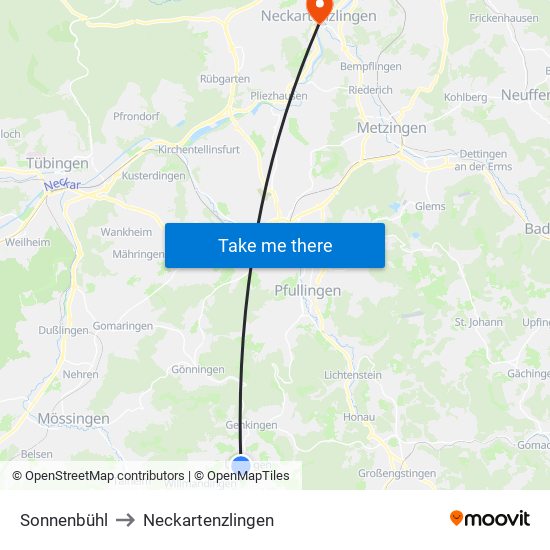 Sonnenbühl to Neckartenzlingen map