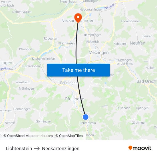 Lichtenstein to Neckartenzlingen map