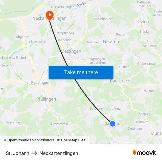 St. Johann to Neckartenzlingen map