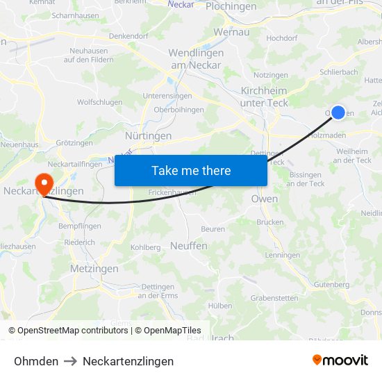 Ohmden to Neckartenzlingen map