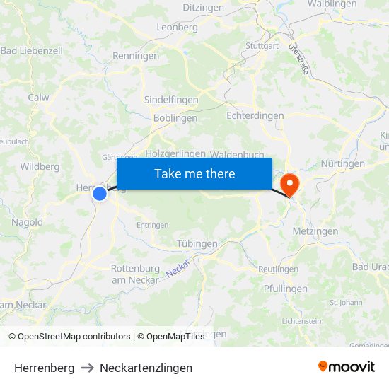 Herrenberg to Neckartenzlingen map